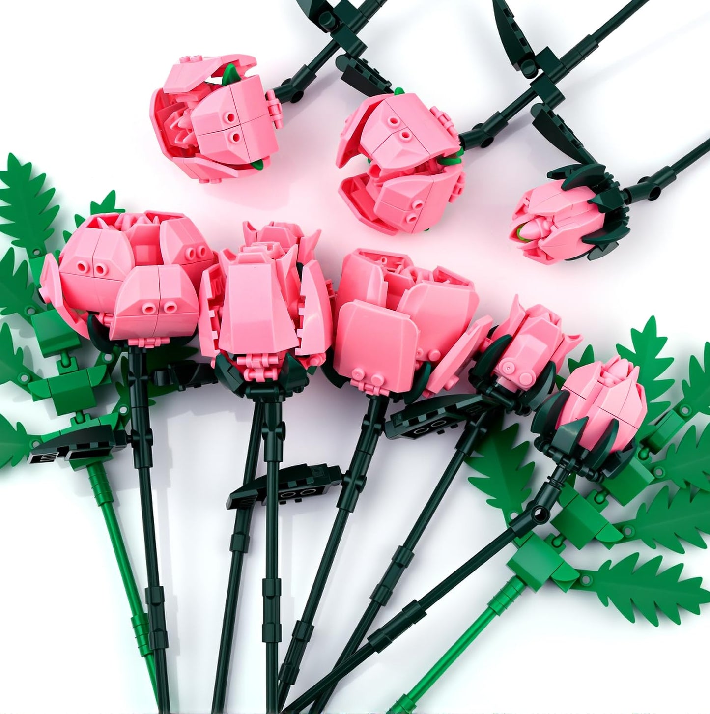 Pink Rose Flower Building Set-10pcs Roses & 2pcs Leaves Botanical Collection, Artificial Flowers for Home Décor, Rose Bouquet Building Kit for Valentine’s Day Christmas Birthday Anniversary (No Vase)