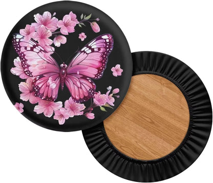 Peach Blossom Bar Stool Covers, Removable Washable Butterfly Print Round Stool Cushion Covers for Dining Room Set of 2
