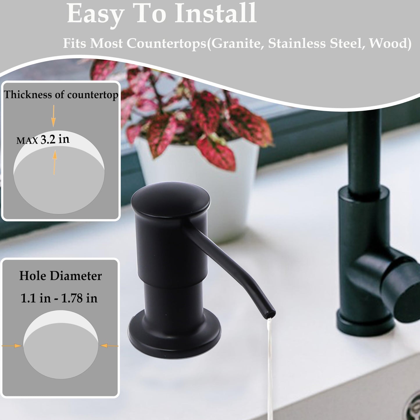 Sink Soap Dispenser Pump Black Built in Kitchen Counter Dish Soap Dispenser with 41" Extension Tube/17 Oz Bottle for Bathroom Under Sink Hand Soap Lotion Pump