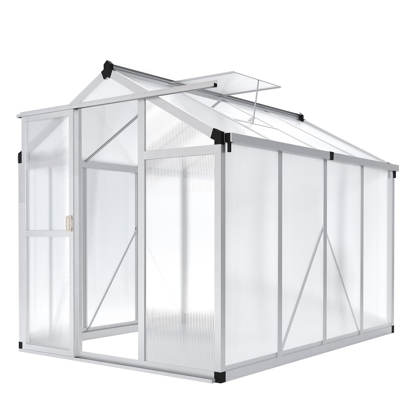 GAOMON Walk in Polycarbonate Greenhouse for Outdoors, 6 x 8 ft Backyard Greenhouse with Reinforced Aluminum Frame, Roof Vent, Lockable Door, Rain Gutter, Easy Assembly, Wood