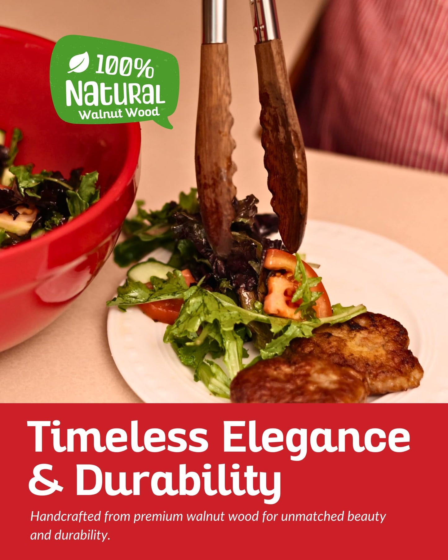 Boxiki Kitchen Wooden Tongs for Cooking - Nonstick Kitchen Salad Tongs for Serving Food, Grilling, Cooking, BBQ and Tossing Salad - Made of Natural Walnut Wood, Size 12-inch