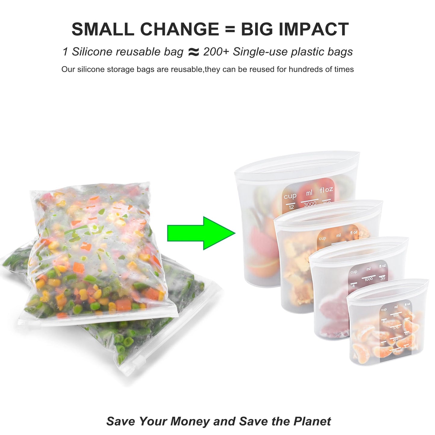 Bangp Premium Silicone Reusable Food Storage Bags,4 Pack,Stand-Up Bottom,Multi-Use Food Freezer Bag,Reclosable Silicone Bags for Marinate Meats,Salad Fruit,Home Organization,Leak-free,Dishwasher Safe
