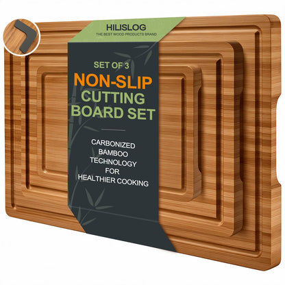 3 Pack Bamboo Cutting Board Set with Non Slip Solid Wood Cutting Boards Non Toxic Chopping Board for Kitchen Small Cutting Board Non Plastic Charcuterie Boards Meat Healthy Bread Cutting Board Sets