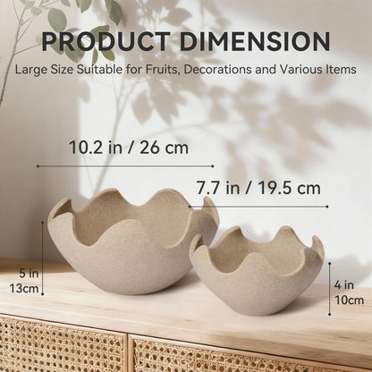 KEWOOL Wavy Decorative Bowl Home Decor - Set of 2 Modern Handmade Decorative Fruit Bowl for Kitchen Counter, Creative Centerpiece Decor for Entryway Table Coffee Table, Artificial Stone Beige