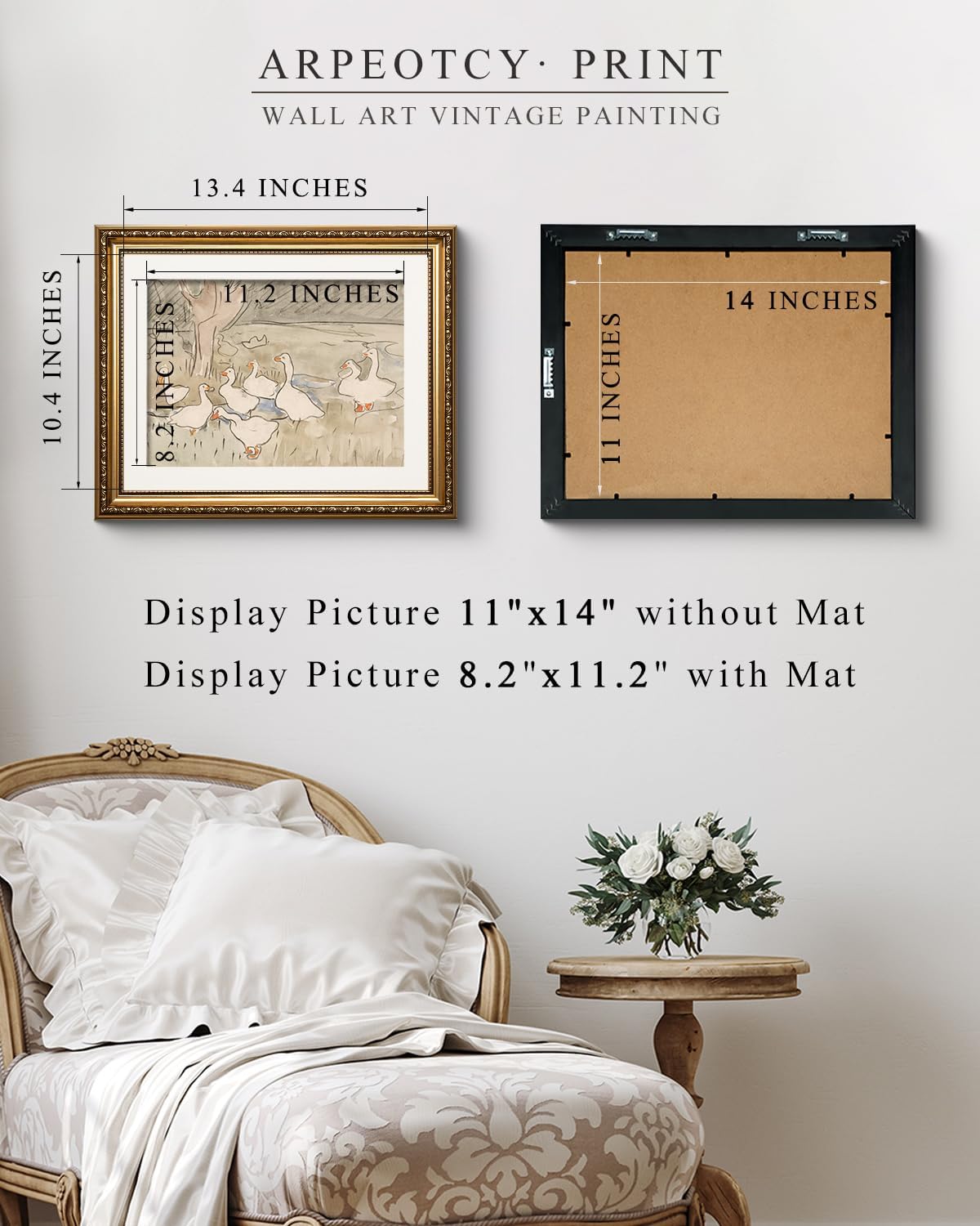 13x16 inch ARPEOTCY Vintage Gold Framed Wall Art, Farmhouse Nursery Duck Paintings, Rustic Canvas Prints Artwork