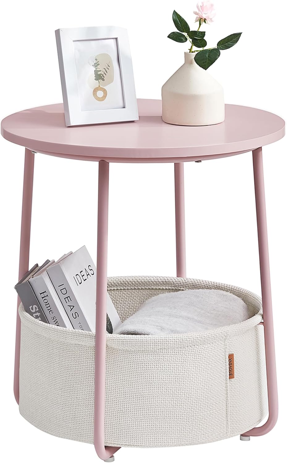 ULET223R61 VASAGLE LILEA Collection - Small Round Side End Table, Modern Nightstand with Fabric Basket, Jelly Pink