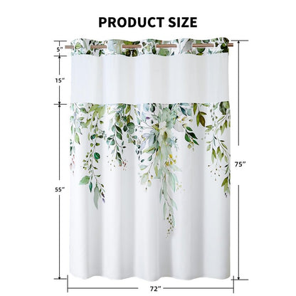 QiyI No Hook Shower Curtain with Snap in Fabric Liner, Sage Green Eucalyptus Shower Curtain with See Through Top Window, Waterproof Washable Cloth Ringless Shower Curtain Set for Bathroom, 72 x 75