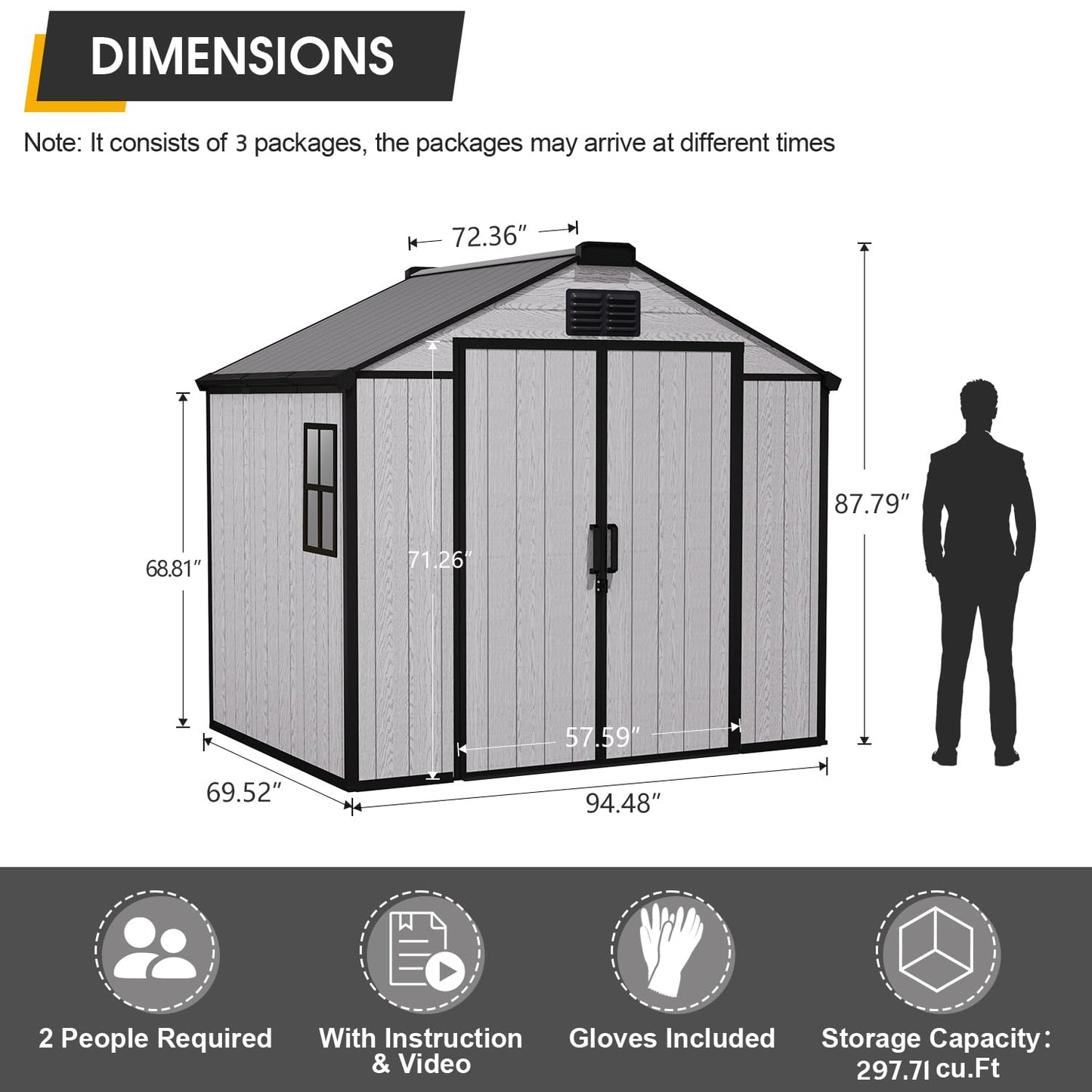MELLCOM 8 x 6 FT Outdoor Storage Tool Shed with Lockable Door and Windows, Outdoor Resin Storage Shed with Floor, Plastic Garden Shed for Lawnmower, Pool Supply, Bike