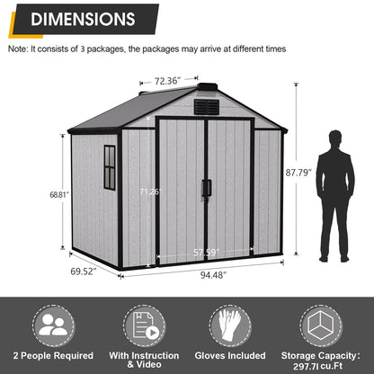 MELLCOM 8 x 6 FT Outdoor Storage Tool Shed with Lockable Door and Windows, Outdoor Resin Storage Shed with Floor, Plastic Garden Shed for Lawnmower, Pool Supply, Bike
