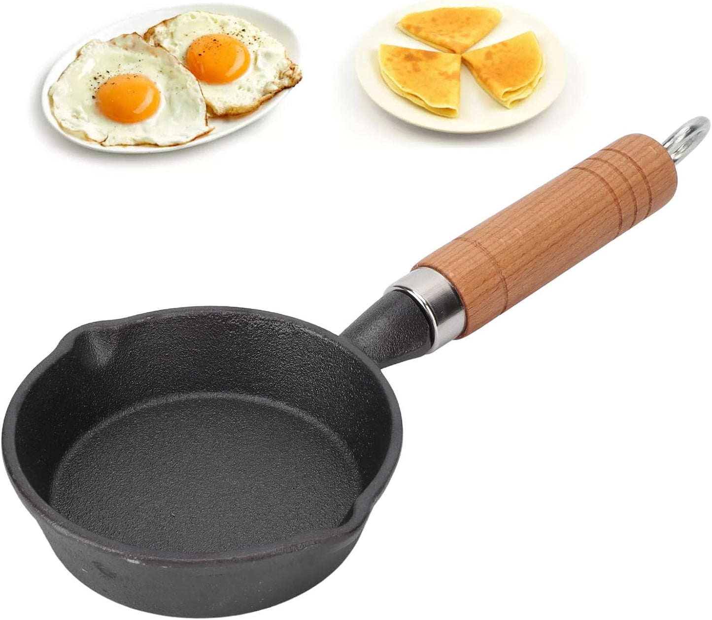 Fdit 10CM Casting Iron Frying Pan, Wood Handle Egg Skillet, Mini Flat Bottomed Pancake Pan