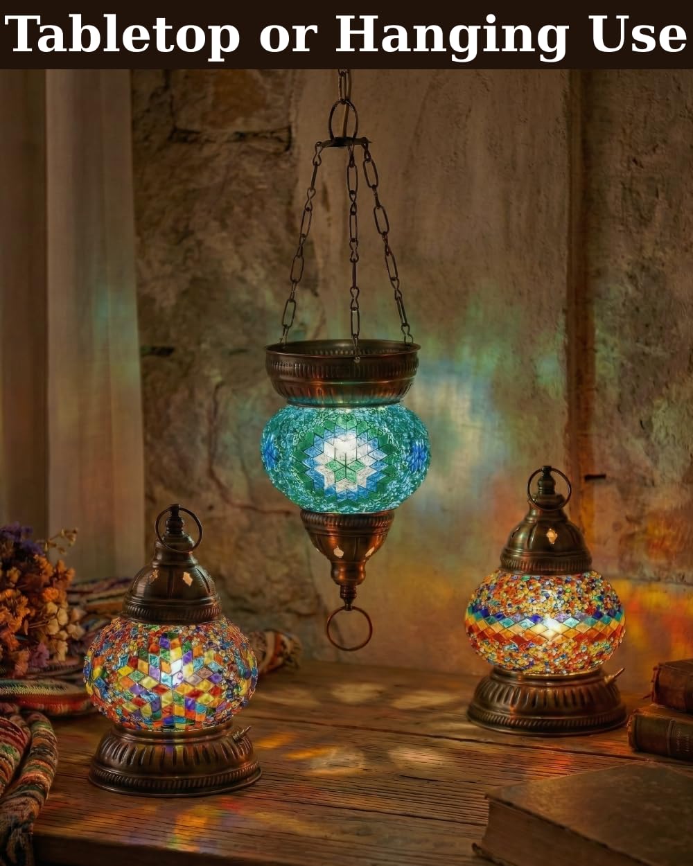 DEMMEX DIY Turkish Mosaic Lantern Kit – Beginner-Friendly Tiffany Glass Craft Project for Adults & Teens, Brass Finish, Battery Operated, Convertible Tabletop or Hanging Lantern (Turquoise&Green)