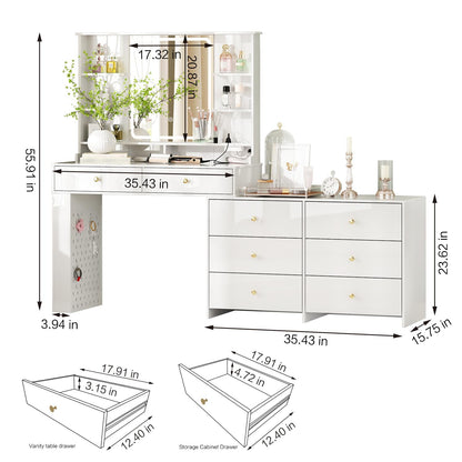 Ieejdn Makeup Vanity Desk with Mirror and Lights, Vanity Desk with 8 Drawers & Storage Shelves, Vanity Table with Power Outlet, 3 Color Modes & Adjustable Brightness Dressing Table, Bedroom,White