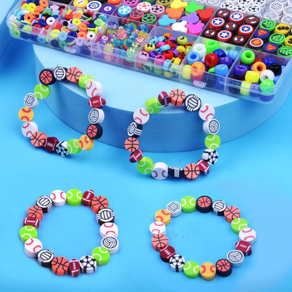 1000PCS Polymer Clay Beads Bracelet Making kit, 24 Style Cute Fun Beads Sports Ball Volleyball Softball Baseball Basketball Soccer Rugby Football Charms for Jewelry Making DIY for Women Girls