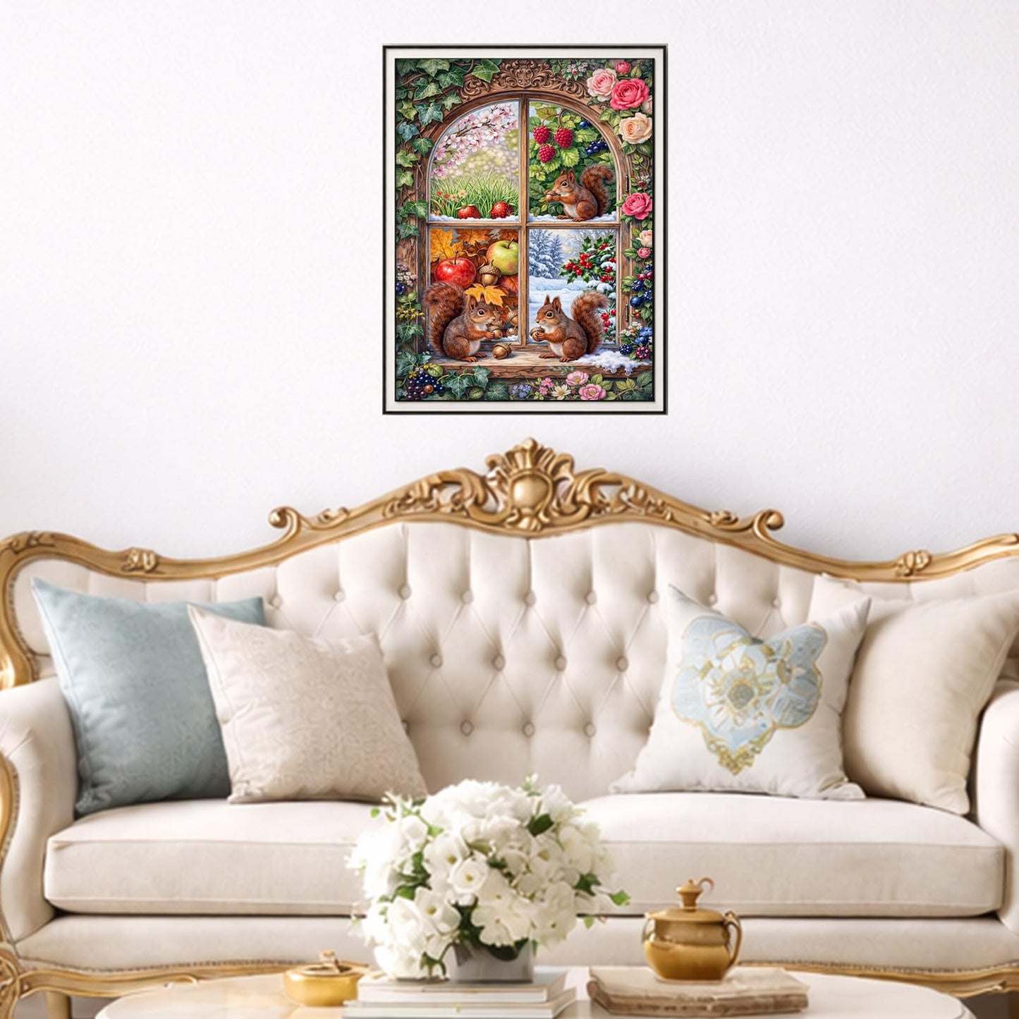 IOHEFY Squirrel Four Seasons Window Diamond Painting 12 x 16 Inch Full Drill Acrylic Diamond Art Cute Woodland Animal Spring Summer Autumn Winter Nano Pearlescent Canvas