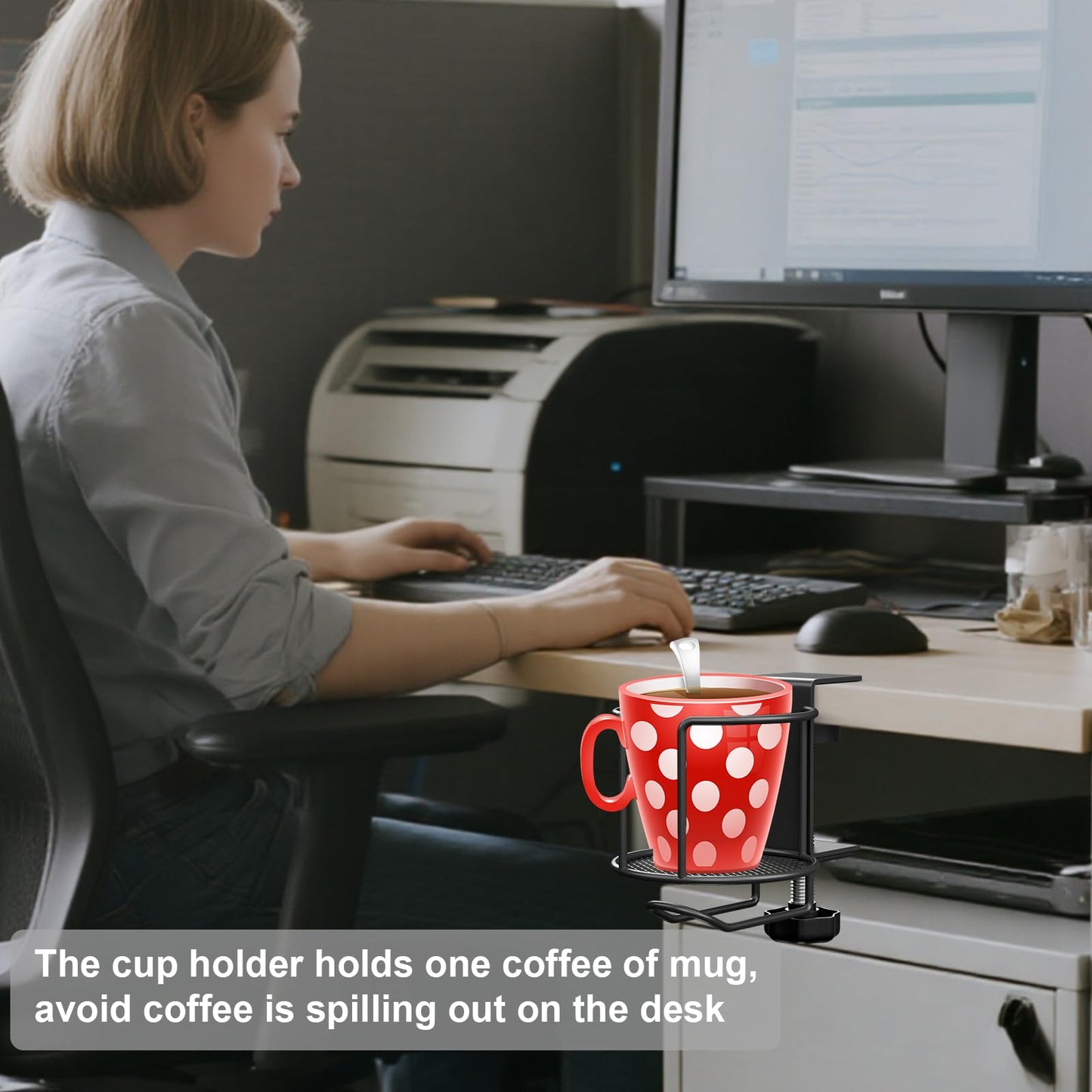 2-in-1 Desk Cup Holder with Headphone Hanger,Anti-Spill Table Water Bottle Holder,Clamp On Table Metal Drinking Holder,Compatible with Universal Cups/Bottles/Mugs/Cans/Tumblers/Thermoses/Glass,1Pack