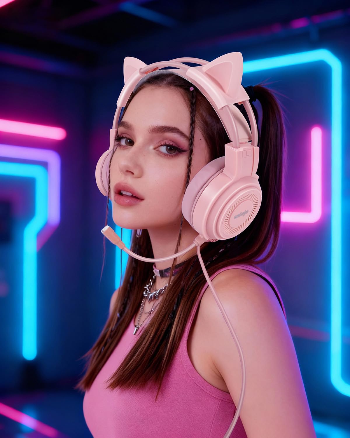 UNIOJO Upgraded Pink Gaming Headset for PS4, PS5, Xbox One, PC, Switch, Laptop, Mobile – Cat Ears, Noise-Canceling Mic, 7.1 Surround Sound, LED Light, Soft Memory Earmuffs for Ultimate Comfort