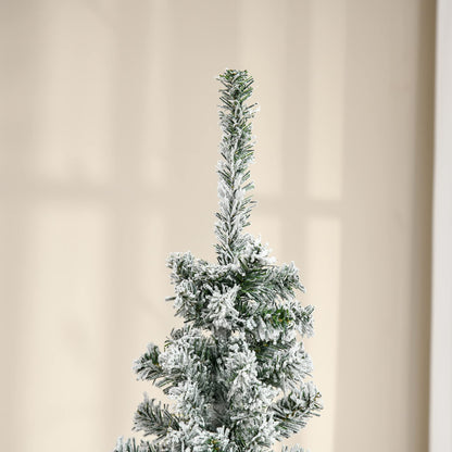 HOMOM 6ft Flocked Christmas Tree, Pencil Artificial Xmas Tree with Faux Snow, Dense Branches, Foldable Metal Base for Indoor Holiday Decor