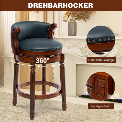 AULIFE Cow top Leather Wooden Bar Stools, 26" Bar Height Bar Chair with Back, 180 Degrees Swivel Barstools Chair for Home Kitchen Counter,Dining Room (Dark Blue 1pc, Counter Height-Seat Height 26”)