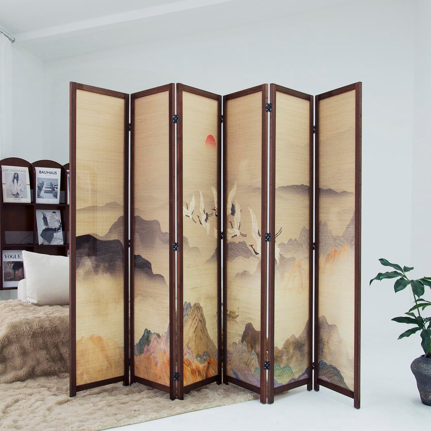Furnnylane 6 Panel Bamboo Room Divider, 5.6 ft Tall Double-Sided Freestanding Folding Privacy Screen, Premium Thickened Wood Frame with Colorful Landscape Pattern for Home Office (67" H x 94.5" W)