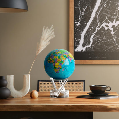 MOVA Globe - Ocean Blue Political Map Classic (4.5") | Rotating World Globe Powered by Light | Educational Home Decor, No Batteries or Wires Needed
