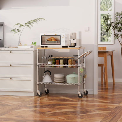 WDT 3 Tier Rolling Kitchen Carts with Wheels, Heavy Duty Rolling Utility Cart with Wood Tabletop, Commercial Grade Metal Cart with Handle and Hooks, NSF Storage Serving Island Carts, Light Wood+Metal