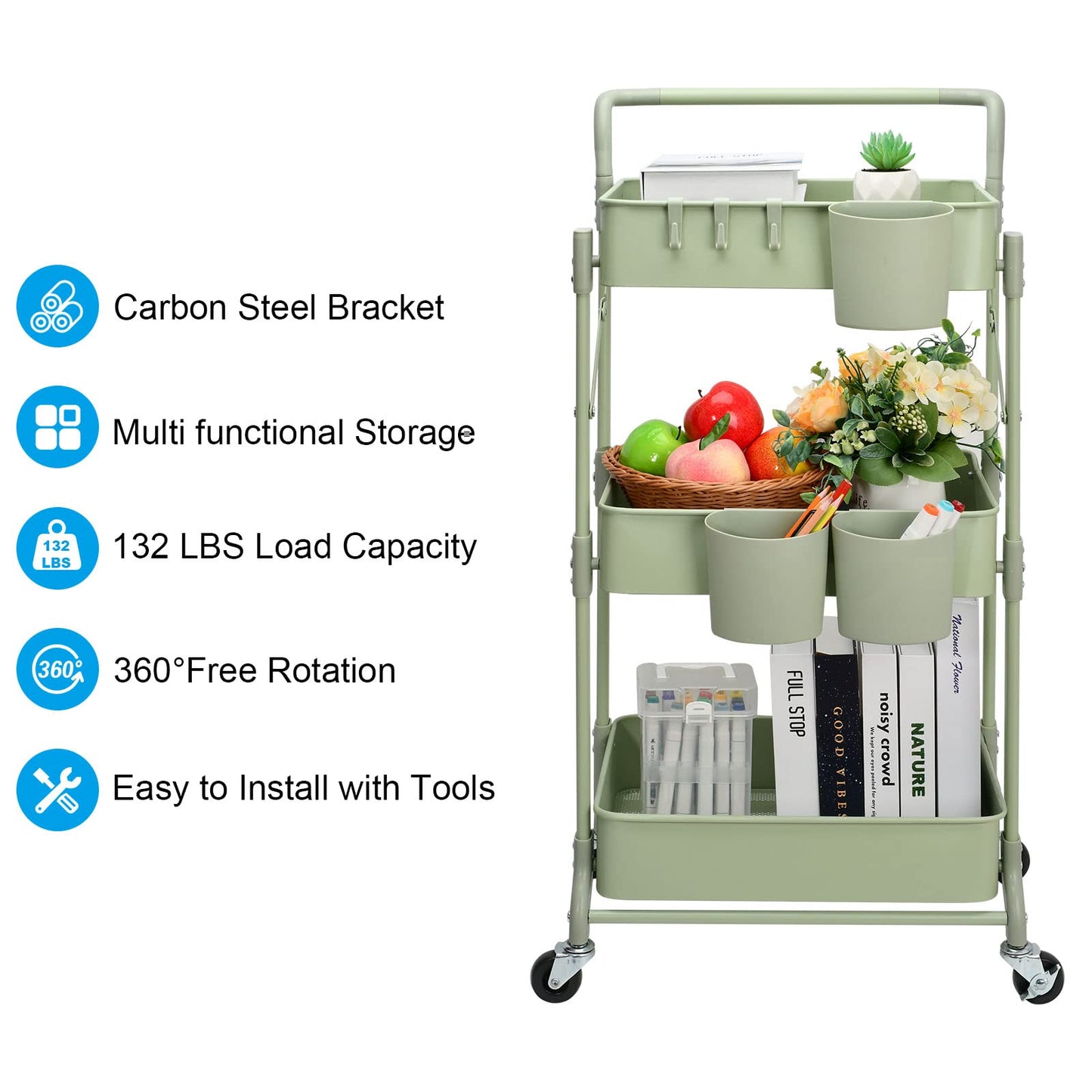 Foldable 3 Tier Rolling Cart, Metal Utility Cart, Folding Mobile Multi-Function Storage Trolley Organizer Cart for Home Library Office(Green)