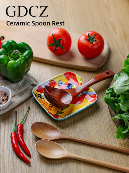 Colorful Hand Painted Spoon Rest 4.75 Inches Ceramic Spoon Holder for Kitchen Counter Stove Top, Dishwasher Safe, Multicolor
