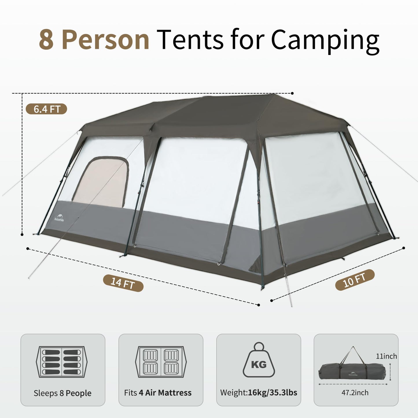 Naturehike Cape 6 Person 8 Person Camping Tent, 60S Easy Setup Instant Tent Pop up Tent, Waterproof Large Tall 6/8 Person Tents for Camping, Car Camping
