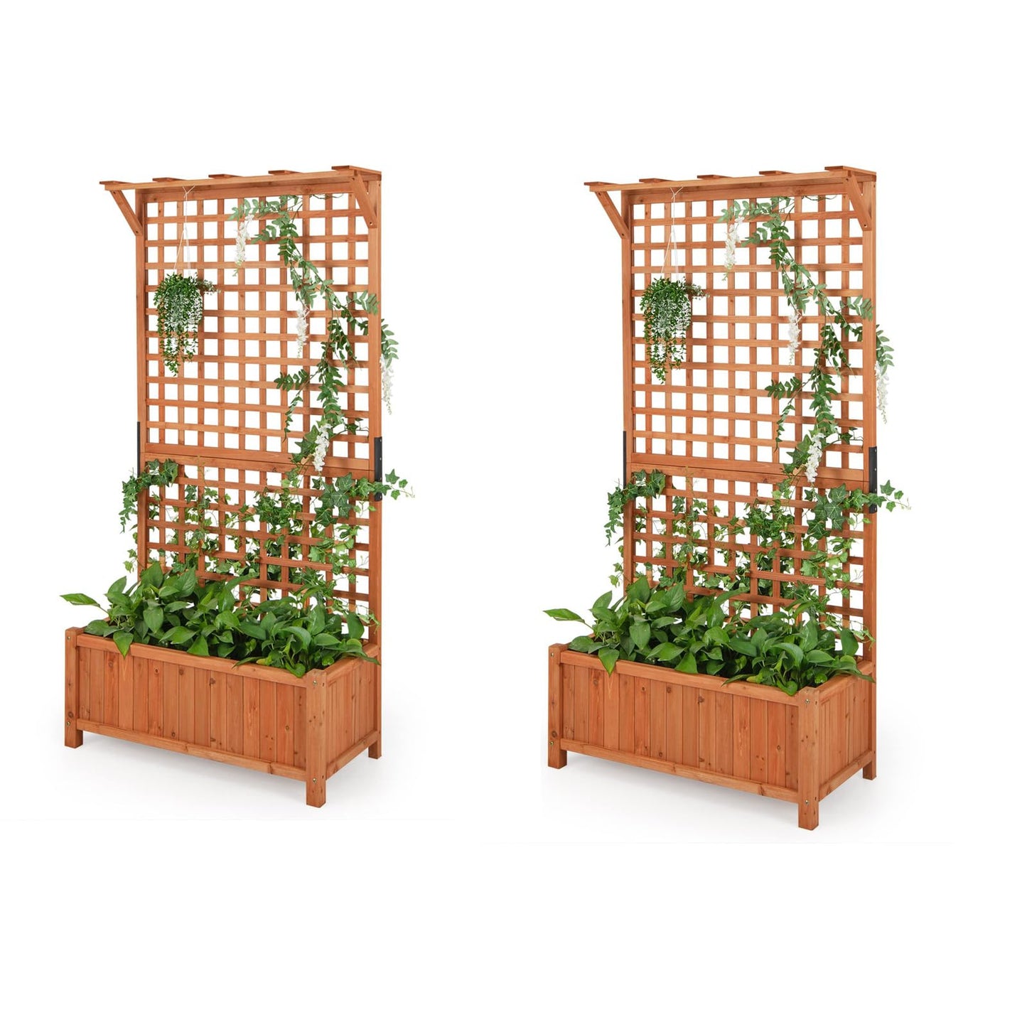 HAPPYGRILL 2 Pcs Raised Garden Bed, 72.5" Garden Planter with Trellis, Drainage Holes, Freestanding Garden Planter for Vine Climbing Plants, Wooden Planter Box for Yard Balcony