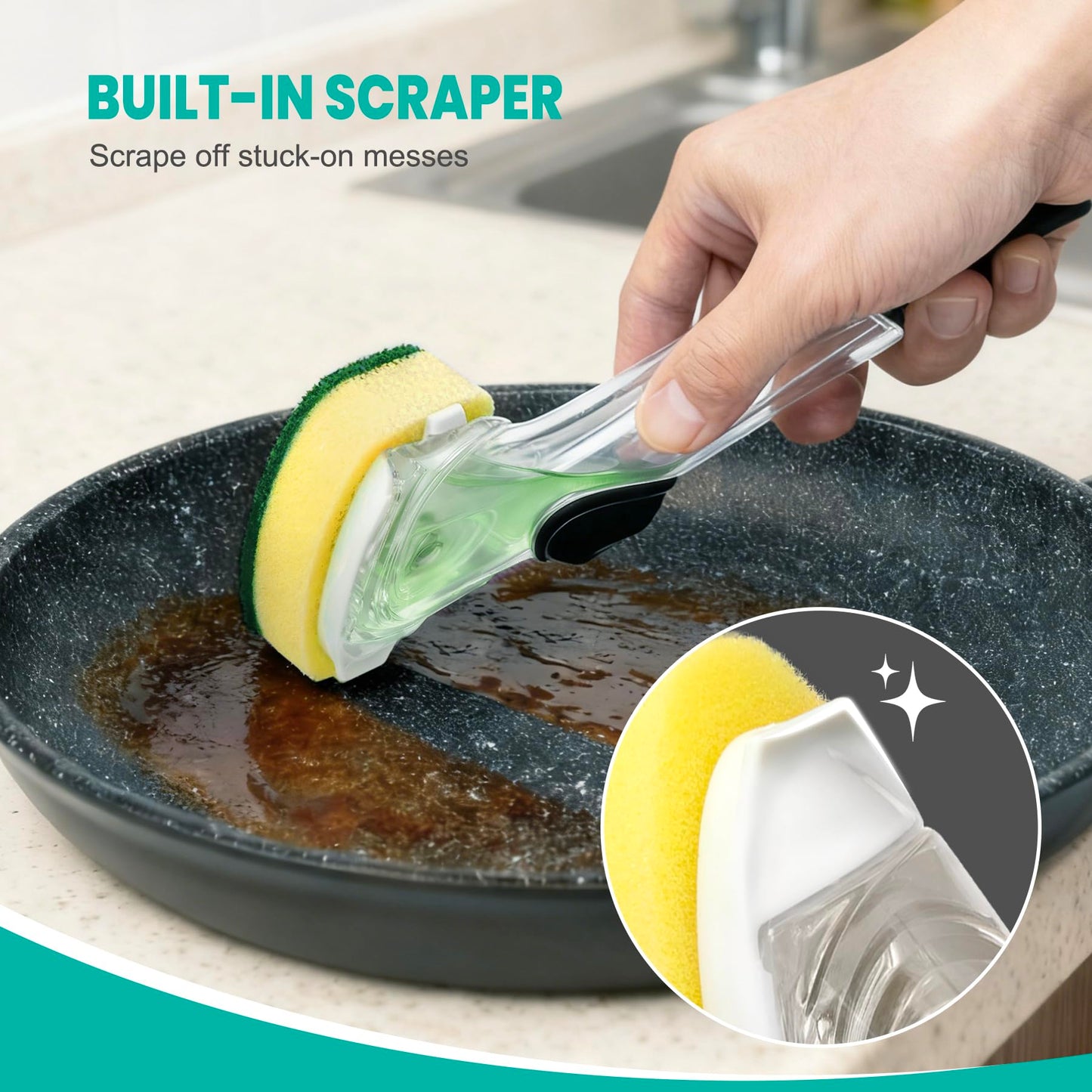 Dishwand with Refills, Dish Wand with Handle Replacement Sponge Heads, Non Scratch Soap Control Leak-Proof Dispenser Scrub,Heavy Duty Advanced Scrubber Brush Pads for Cleaning Dishes Sink Washing Tool
