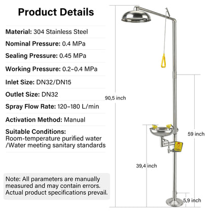 Emergency Eye Wash Station with Shower, 304 Stainless Steel Eye Wash and Shower Combination, Floor Mounted Stand Up Eyewash Station, Safety First Aid for Industrial, Commercial and Lab Use