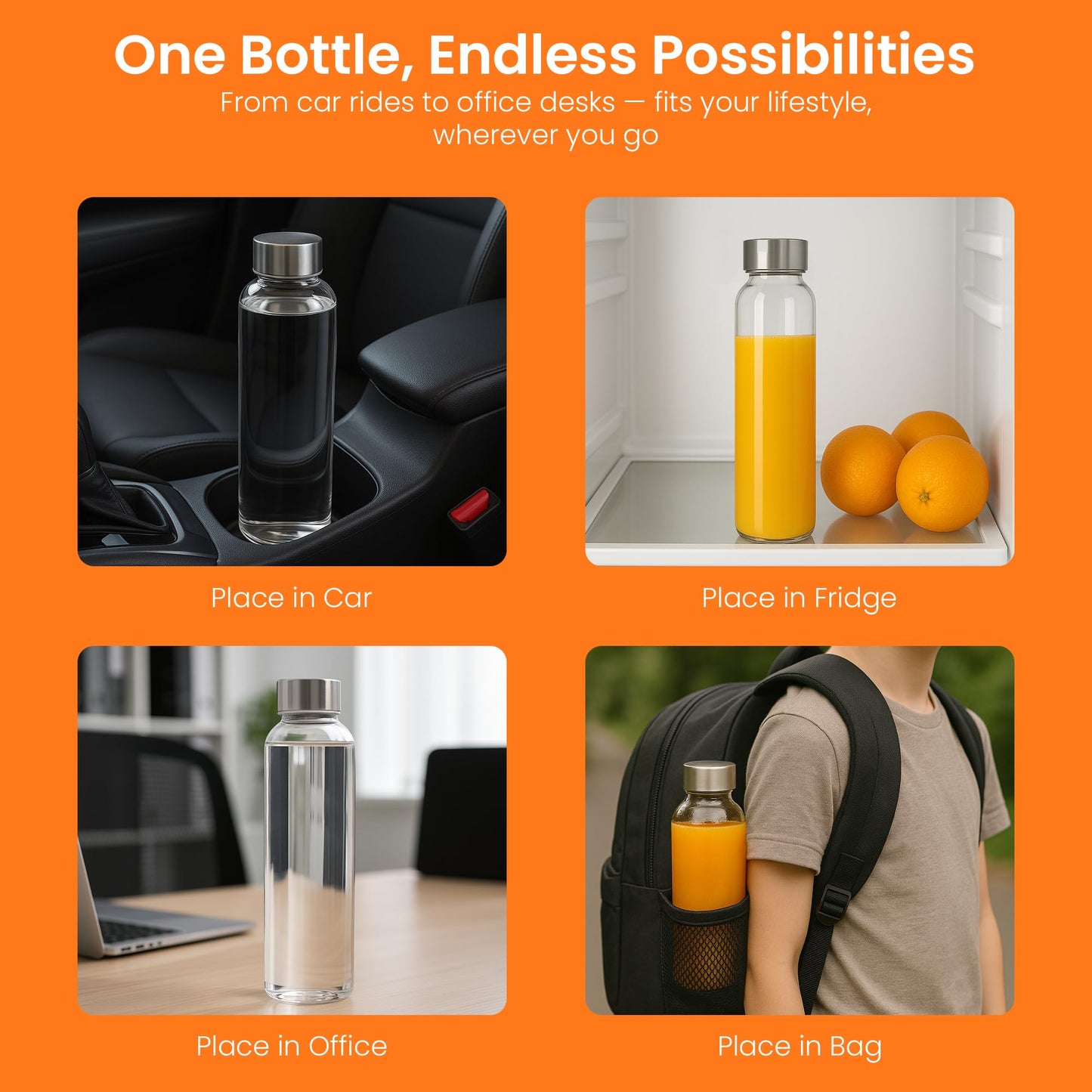 Epica Clear Glass Bottles with Lids, 18oz Resuable Glass Water Bottles for Juicing with Stainless Steel Cap to store Milk, Smoothie, etc., 100% Leak Proof, Durable and Dishwasher Safe (Set of 6)