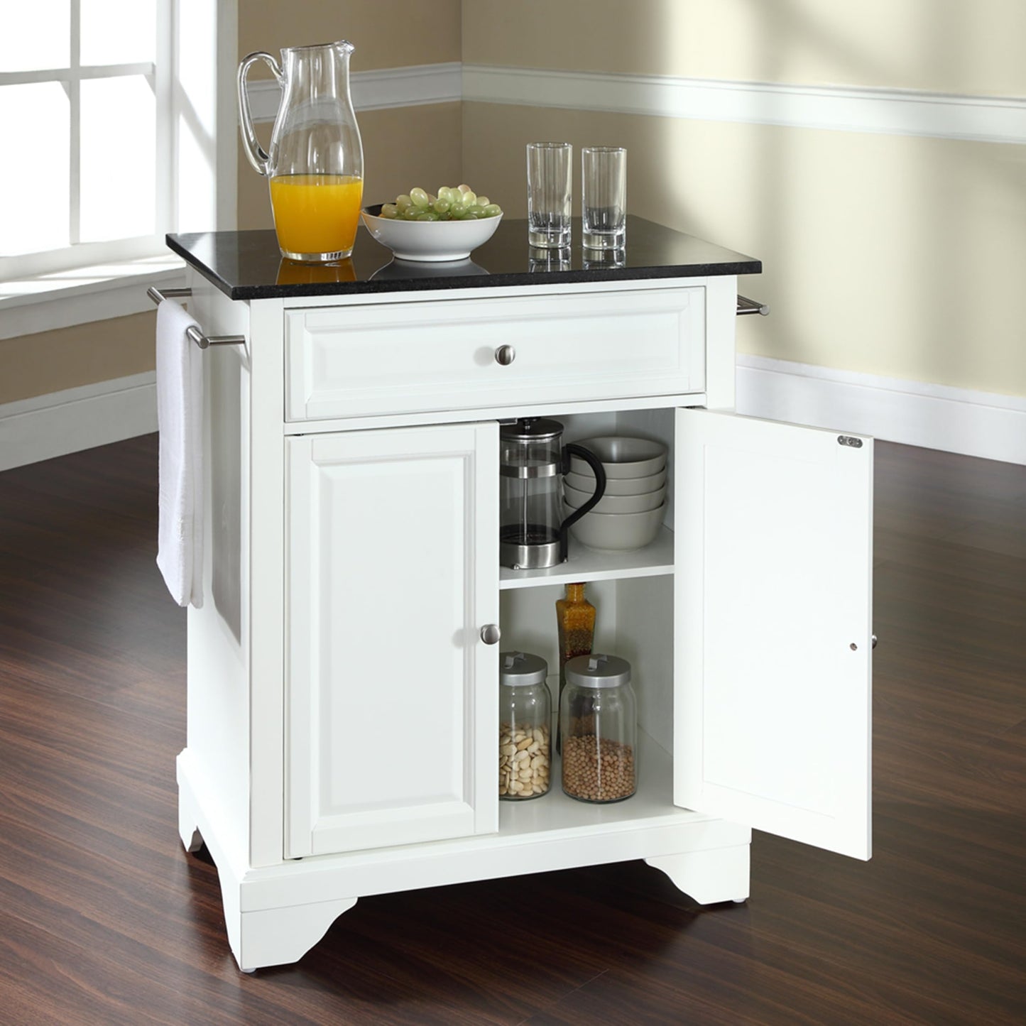 Crosley Furniture Lafayette Granite Top Small Portable Rolling Kitchen Island Storage Cart, Microwave Stand, White