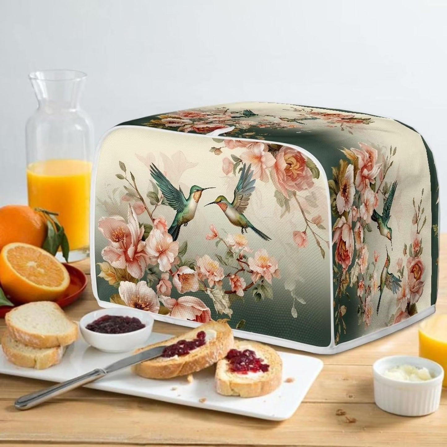 Hummingbird Floral Print 2 Slice Toaster Cover, Dust Protection Kitchen Appliance Cover with Handle, Washable
