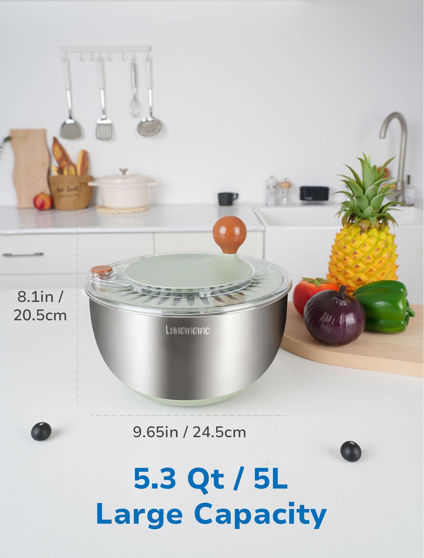 Lunememo Stainless Steel Salad Spinner, Lettuce Spinner with Drain, Non-Slip Base, Stop Button, Vegetable Dryer, BPA Free, 5.3 Qt