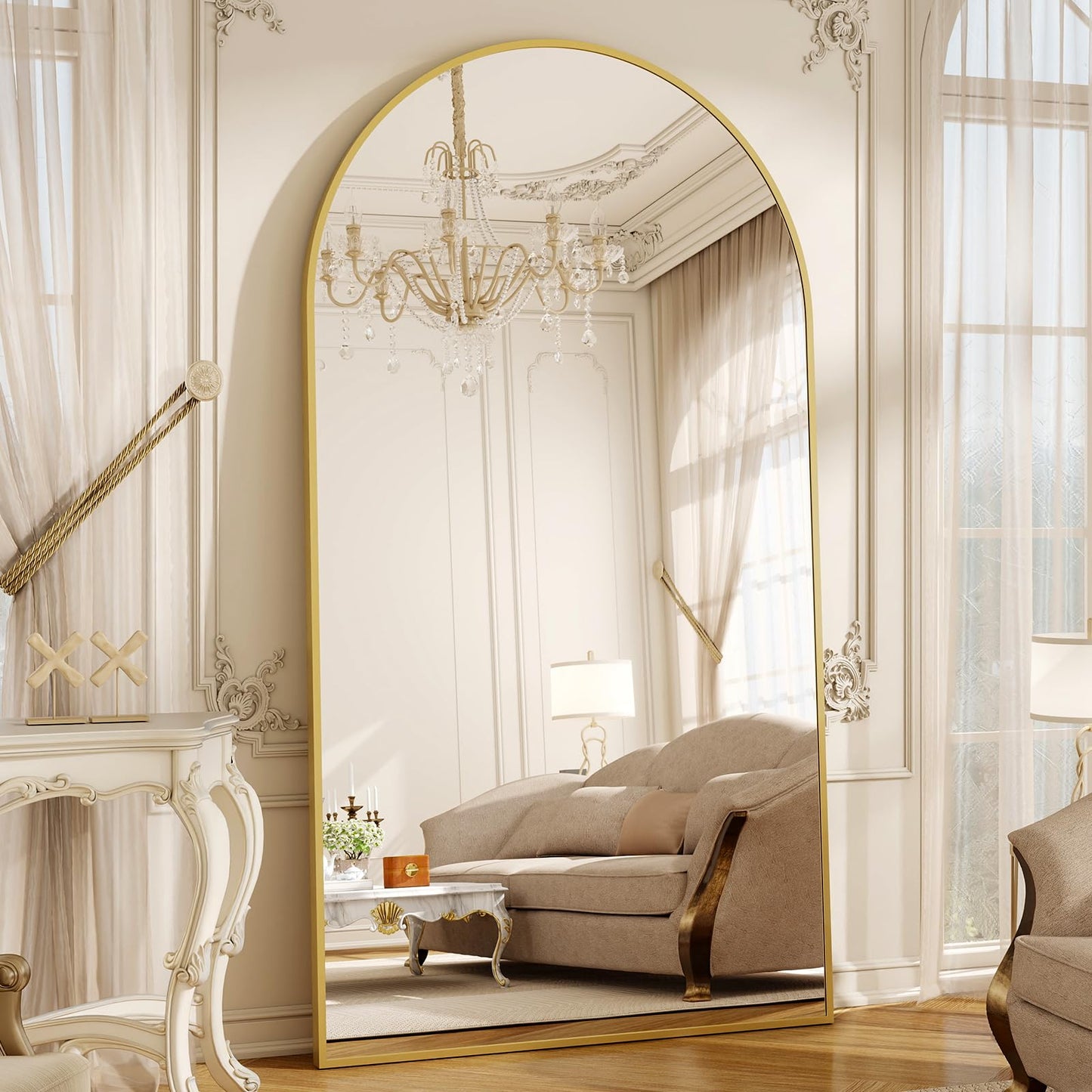 Riskioir 86" x 40" Large Arch Full Length Mirror - Floor Full Body Mirror with Aluminum Frame - Standing, Leaning or Hanging, for Bedroom, Living Room, Gold
