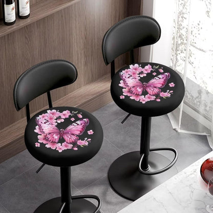 Peach Blossom Bar Stool Covers, Removable Washable Butterfly Print Round Cushion Covers for Dining Room Set of 2