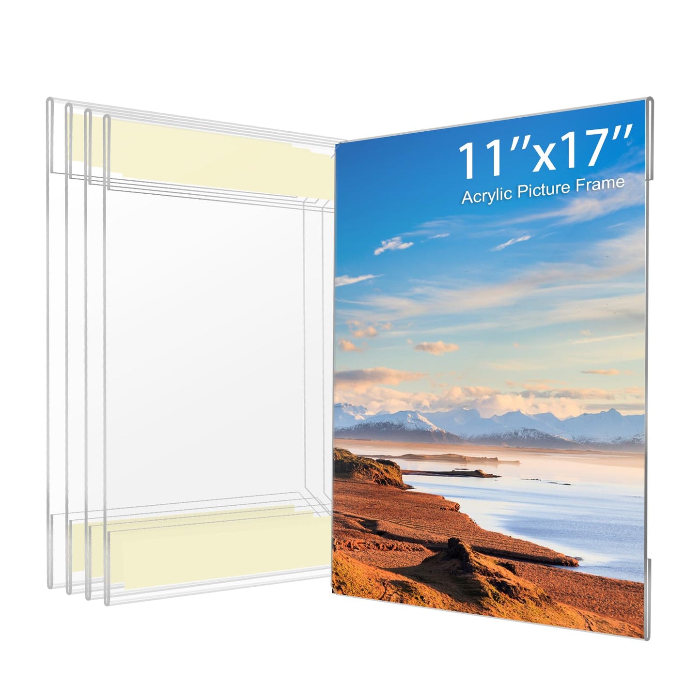 11x17 Acrylic Picture Frame, Clear Frameless Photo Frame for Wall Mount, No Drilling Picture Frames with Tape, Pack of 5 Floating Hanging Picture Frames for Home, School, Office