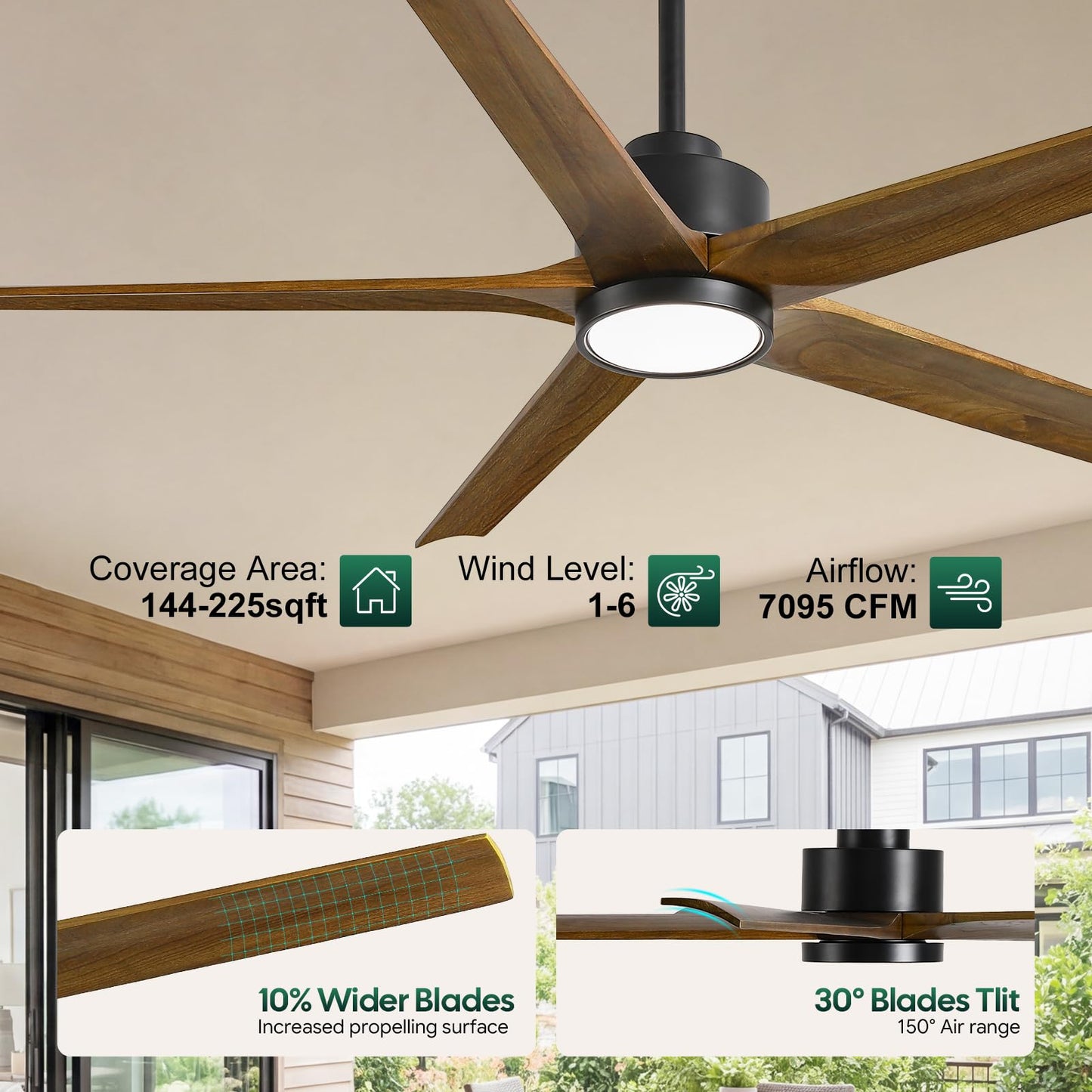 52 Inch Smart Outdoor Ceiling Fan with Light, Alexa/App/Remote Control, 5 Walnut Solid Wood Blades, Modern Farmhouse, Quiet Energy Efficient DC Motor, Damp Rated for Patio Porch Indoor Living Room