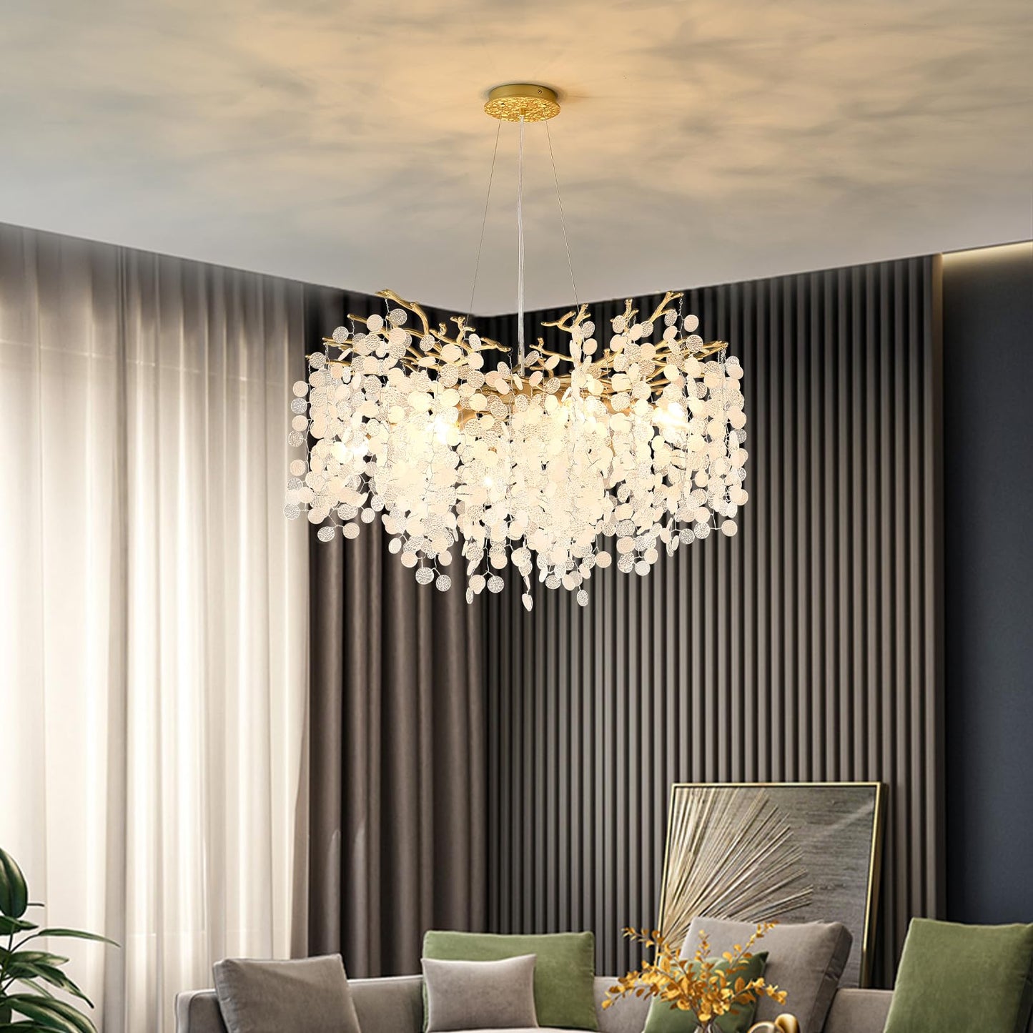 VBKK 32 Inch Gold Crystal Chandelier, 10-Light Coastal Chandeliers for Dining Room, Large Modern Tree Branch Light Fixtures, Seashell Chandelier for Entryway Foyer Bathroom Living Room, E12