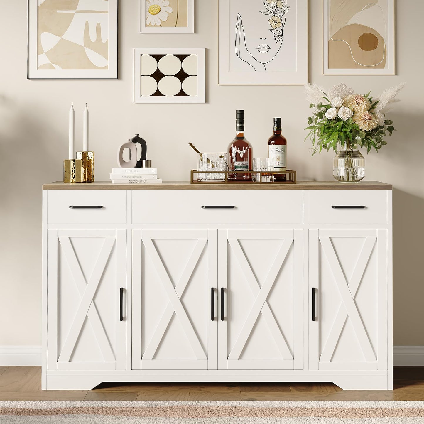 GAOMON Buffet Cabinet with Drawers, 55inch Wood Coffee Bar Large Sideboard Buffet Storage Cabinet with Shelves and Doors for Kitchen Dining Living Room,White/Rustic