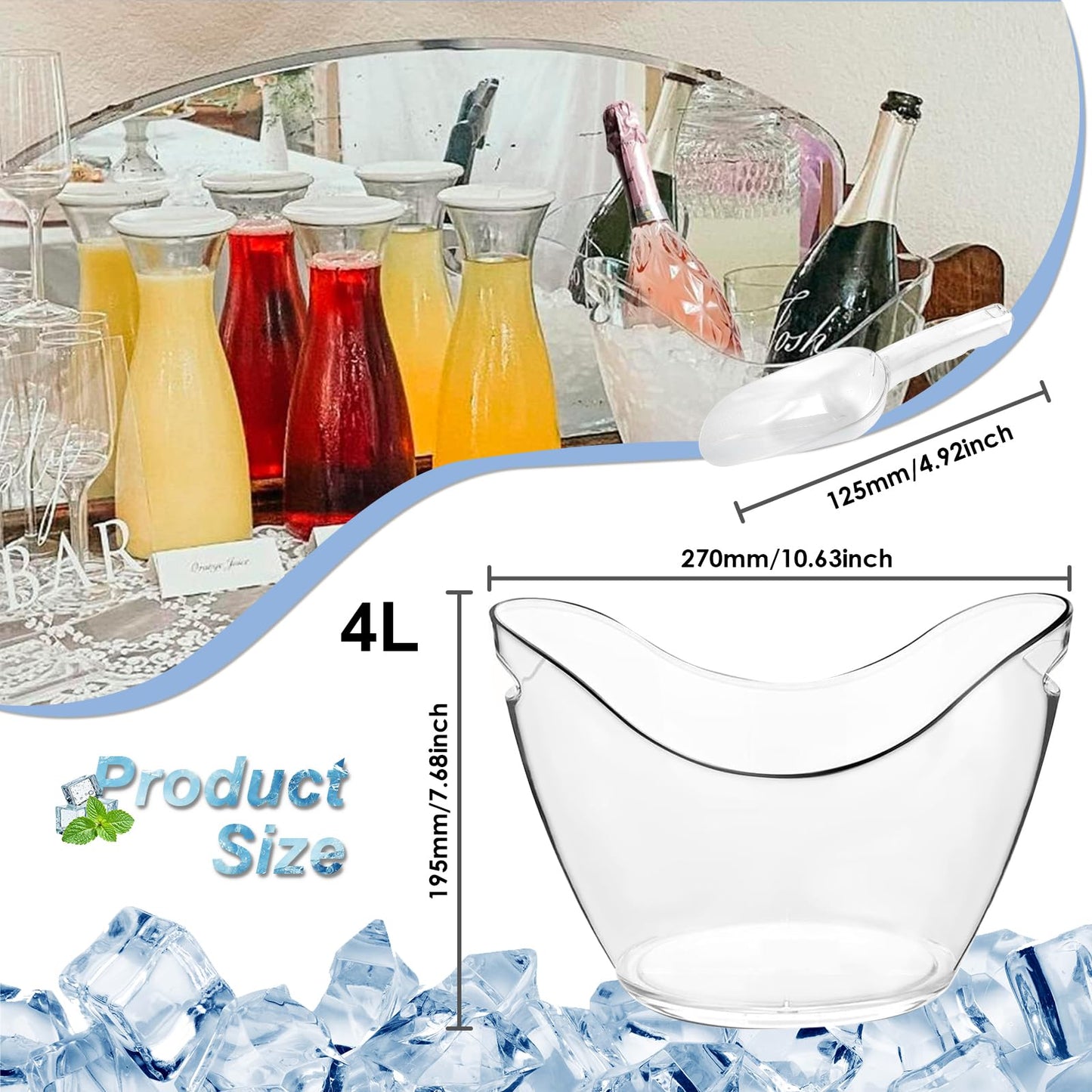 WELKOR 4L Clear Plastic Champagne Ice Bucket & Beverage Chiller Tub Set- Perfect for Parties, Mimosa Bars, Beer, Wine,Drinks & Cocktails (4L, 2 ice Buckets & 2 ice Scoops)