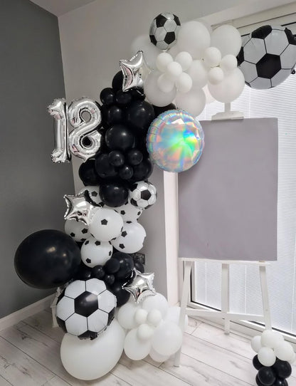 Soccer Balloon Garland Arch Kit - Black and White Football Print Balloons Arch Kit with Foil Football Exploding Star Balloon for Sports Fan, Birthday Party, Baby Shower, Soccer Theme Party Decor