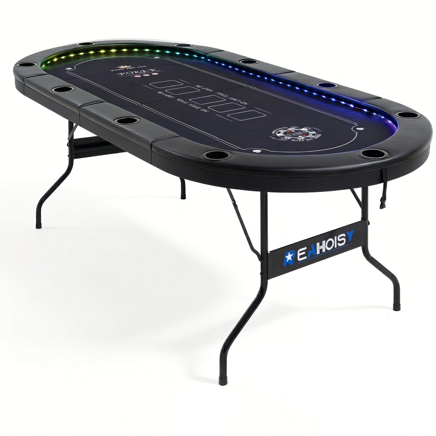 REAHOISY LED Poker Table, 84" 10 Players Oval Foldable Texas Holdem Casino Table with Tri-Color LED Lights, Board Game Table for Home Game Room with 10 Cup Holders and Padded Armrests