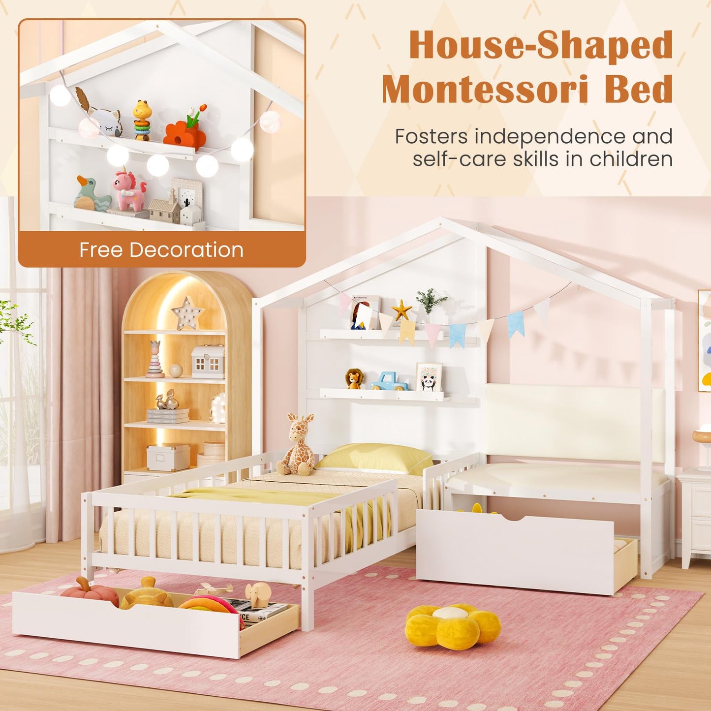 Giantex Twin House Bed for Kids, Wooden Kids Twin Bed Frame with Padded Bench, Floating Bookcase & 2 Rolling Storage Drawers, Wooden Montessori House Bed for Girls Boys, No Box Spring Needed, White