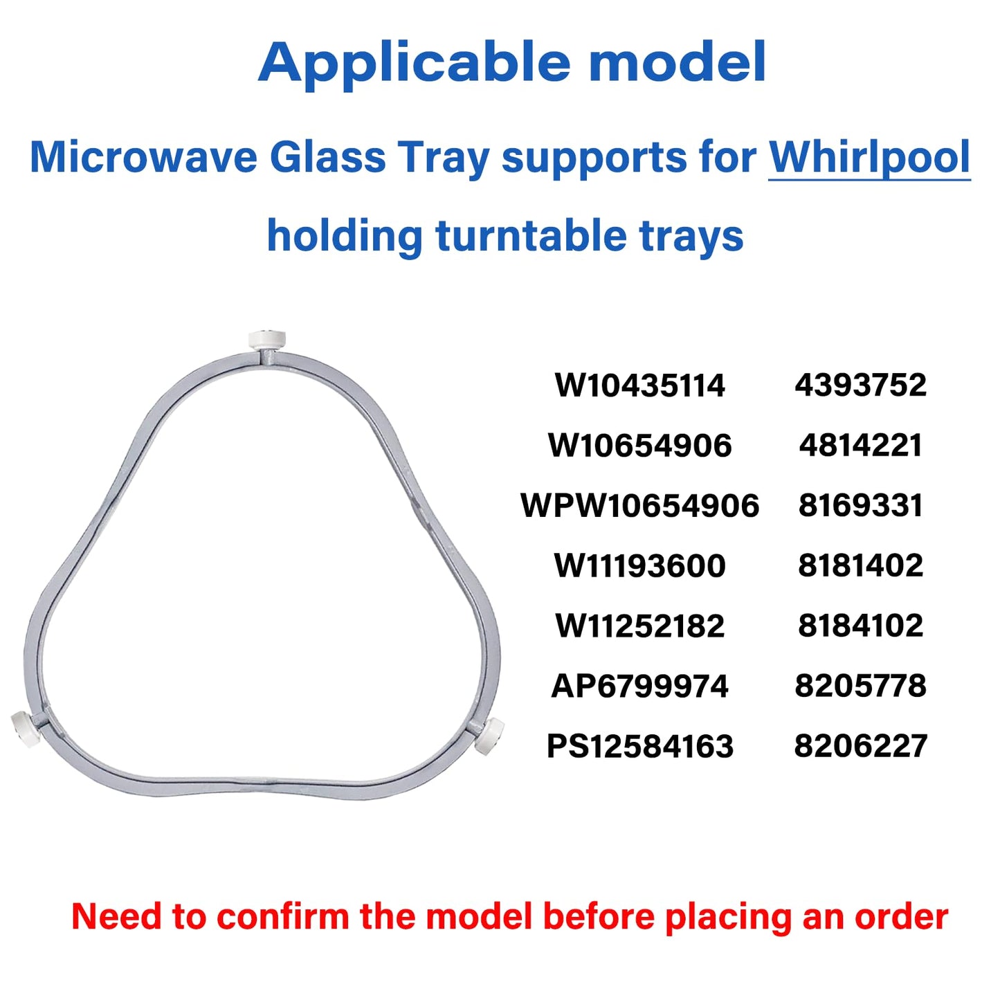 7.48 in W11252182 Microwave Turntable Ring Replacement for Whirlpool with Rollers 8206227 Microwave Glass Tray Support Holder for Whirlpool Microwave Inner Ring Accessories Parts