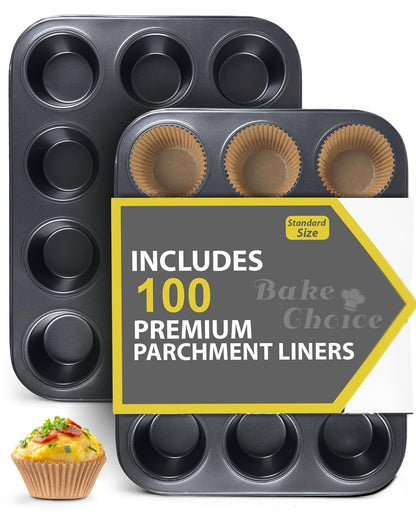 Bake Choice 2 Pack Muffin Pan for Baking, Standard Cupcake Pan includes 100 Natural Cupcake Liners, Muffin Tin Nonstick 12 Cup, Baking Pans Set, Carbon Steel Baking Supplies