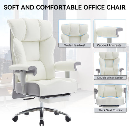 Efomao Big and Tall Office Chair 400lbs - Heavy Duty Executive Desk Chair with Foot Rest & 23" Wide Seat - High Back Ergonomic Leather Computer Chair for Heavy People, Home Office, White