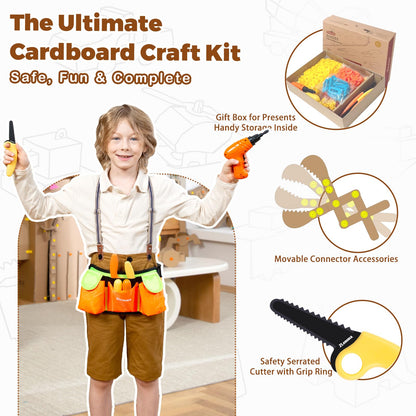 ZLemma Cardboard Construction Kit - 401 PCS Kids Building Set with Safe Serrated Cutter, Crease Roller, Screws & Nuts, STEM Upcycled Tool for DIY Cardboard Projects, Engineering & Creativity