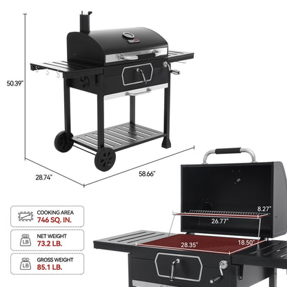 Royal Gourmet CD2030AC Deluxe 30-Inch Charcoal Grill with Cover, Large BBQ Grill with Collapsible Side Tables for Outdoor Picnic Camping Patio Backyard Cooking, Black
